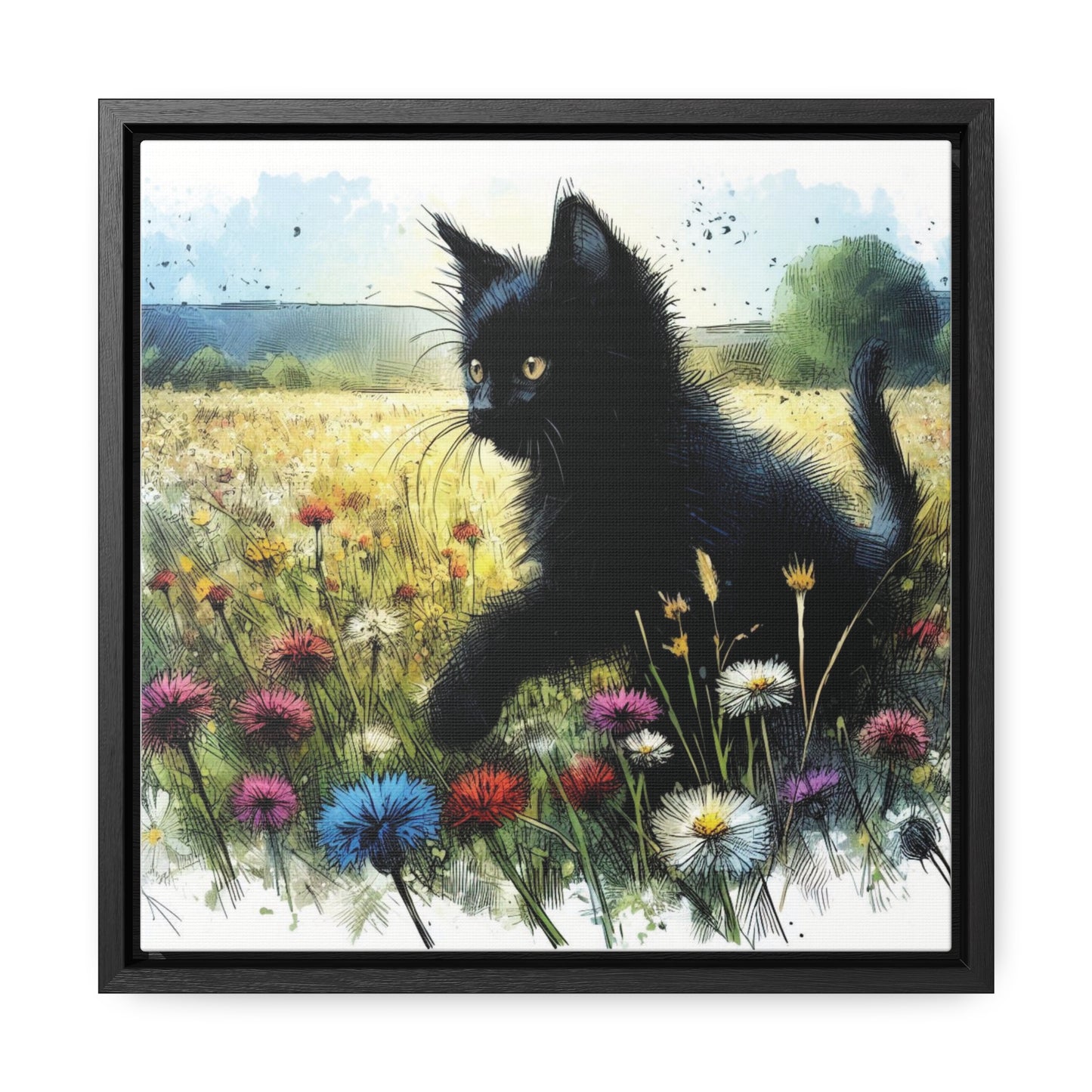 Black Cat Playing in Meadow Gallery-Wrapped Canvas - Cat Lover Gift, Decor for Child's Room or Nursery, Storybook Style Art