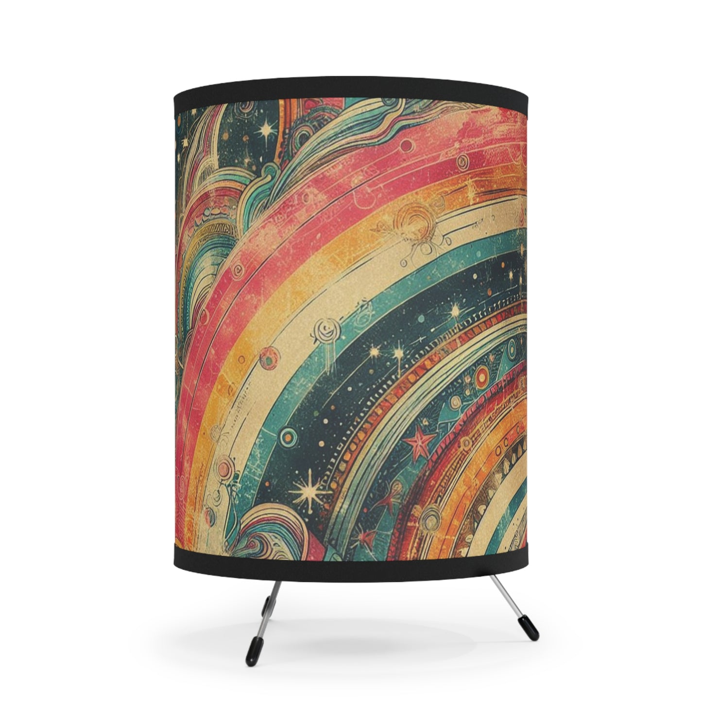 Retro Rainbow Table Lamp - Whimsical Swirly Stripes with Grunge Overlay and Celestial Background - For Office, Kid's Room, Living Space