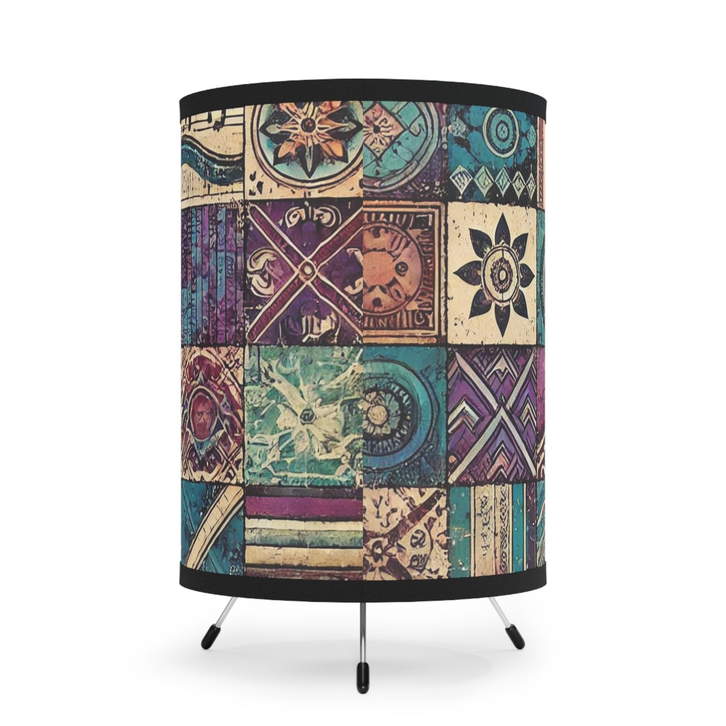 Tripod Table Lamp - Boho Guitar Patchwork in Purple and Blue