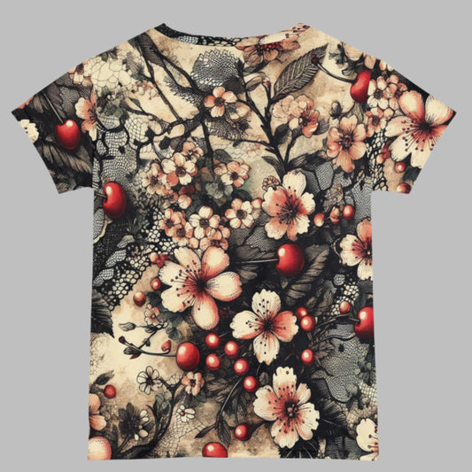 All-Over-Print Women's T-Shirt - Blooms, Cherries, and Black Lace