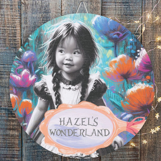 Custom Wood Sign with Personalized Girl and First Name - Alice in Wonderland Inspired Fantasy Scene, Multiple Backgrounds Available