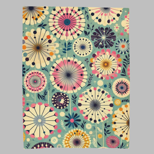 Velveteen Plush Blanket - Retro Dandelions in Teal, Pink, Cream, & Orange