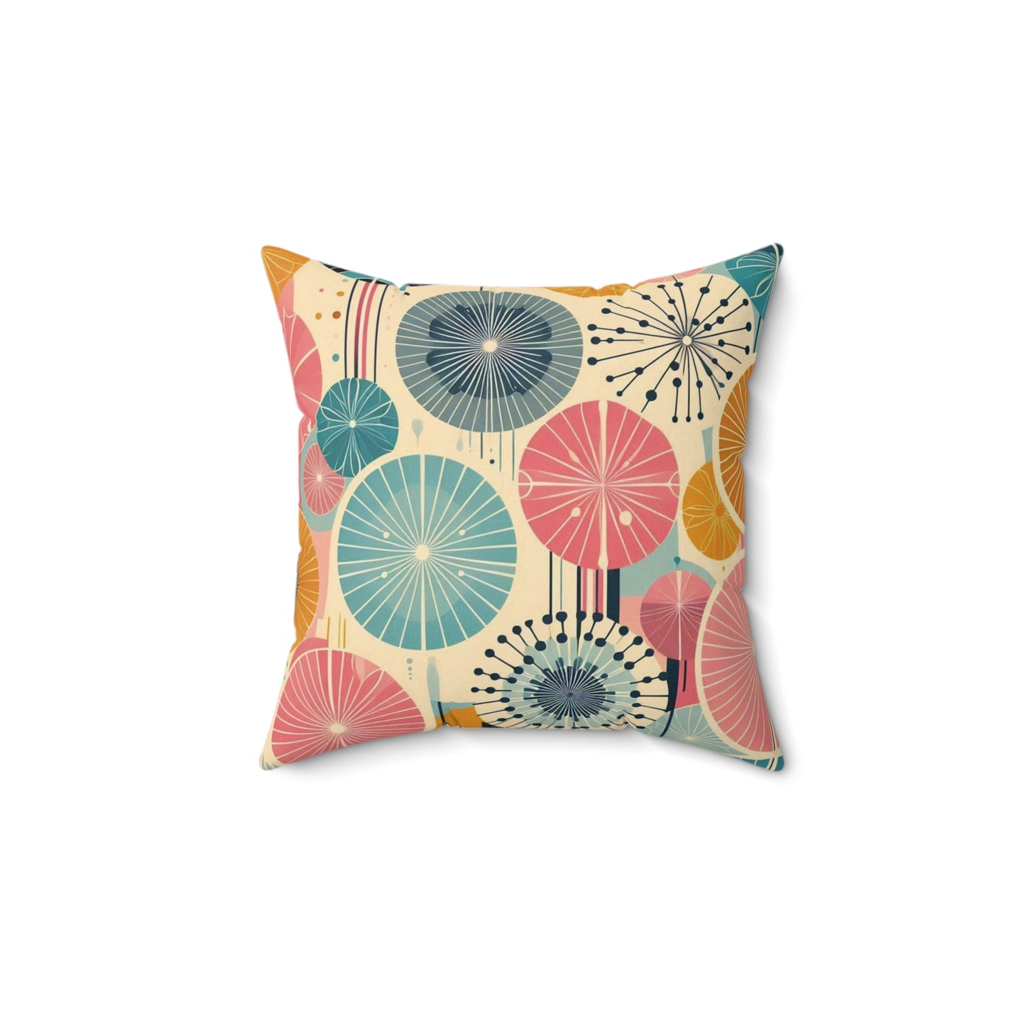 Retro 50s Dandelion Pattern Faux Suede Throw Pillow - Pink, Teal, & Navy - Soft Square Pillow for Kids Room, Living Room, Office