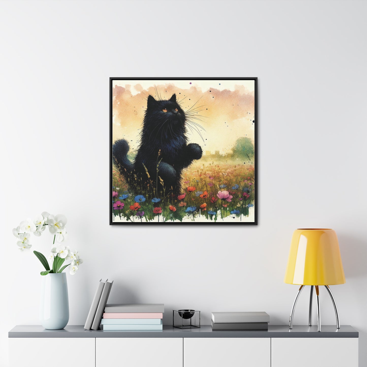 Playful Black Long-Haired Cat Floral Field, Gallery-Wrapped Canvas - Cat Lover Gift, Decor for Child's Room or Nursery