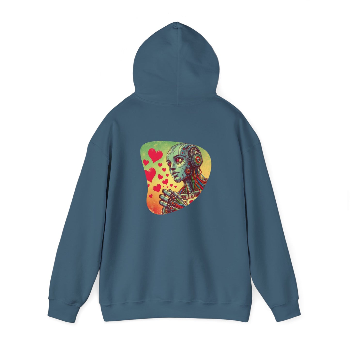 Colorful Whimsical Robot Hearts Hoodie, Retro-Futuristic 80s Print, Unisex Sweatshirt, Fun Thought-Provoking Design, Unique Gift Idea