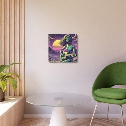 Metal Wall Art - Moody Retro-Futuristic Robot Guitarist Scene, Purple Green with Vintage Overlay