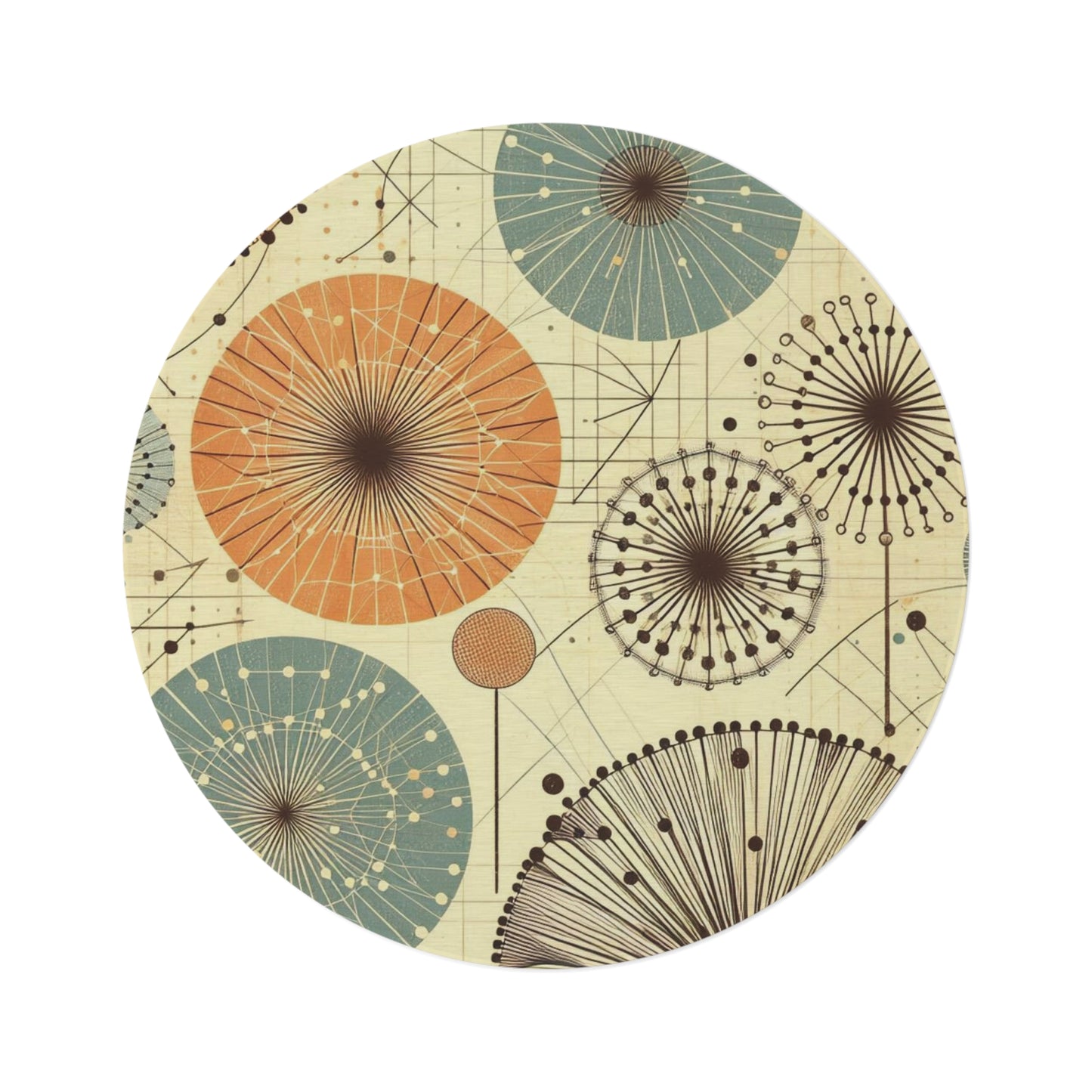 Retro Dandelion Design Chenille Area Rug - 60" × 60" Round Rug in Cream, Orange, and Teal - Soft & Durable Granny Chic Vibes