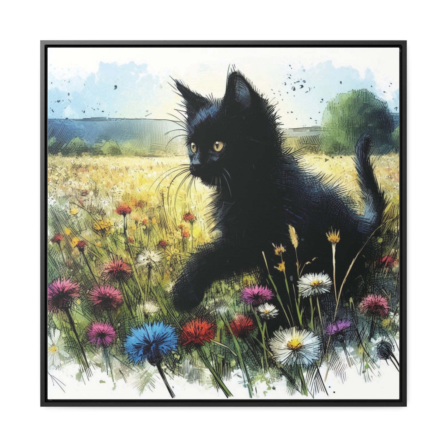 Black Cat Playing in Meadow Gallery-Wrapped Canvas - Cat Lover Gift, Decor for Child's Room or Nursery, Storybook Style Art