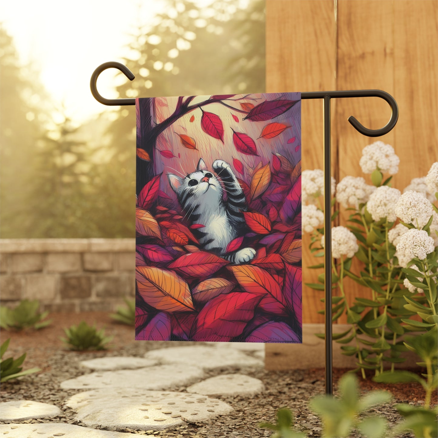 Porch or Yard Flag / Garden Banner - Playful Autumn Cat