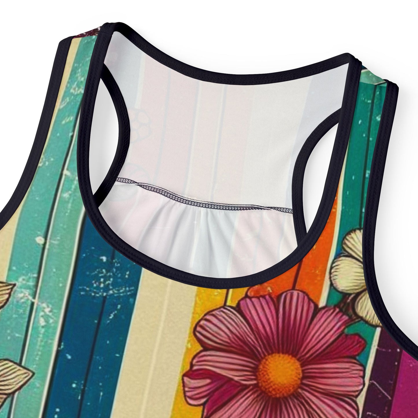 Racerback Tank Top - 70s Style Bold Stripes and Wildflowers