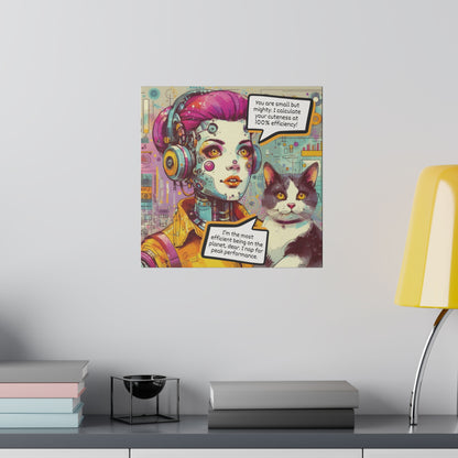 Quirky Robot & Cat Canvas Wall Art - Retro Futuristic Comic Book Style, Whimsical Matte Print for Home Decor