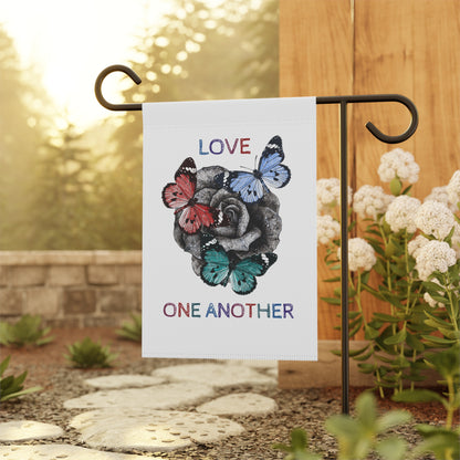 Yard Flag / Garden Banner - Summer or Spring "Love One Another" Message with Rose and Butterflies