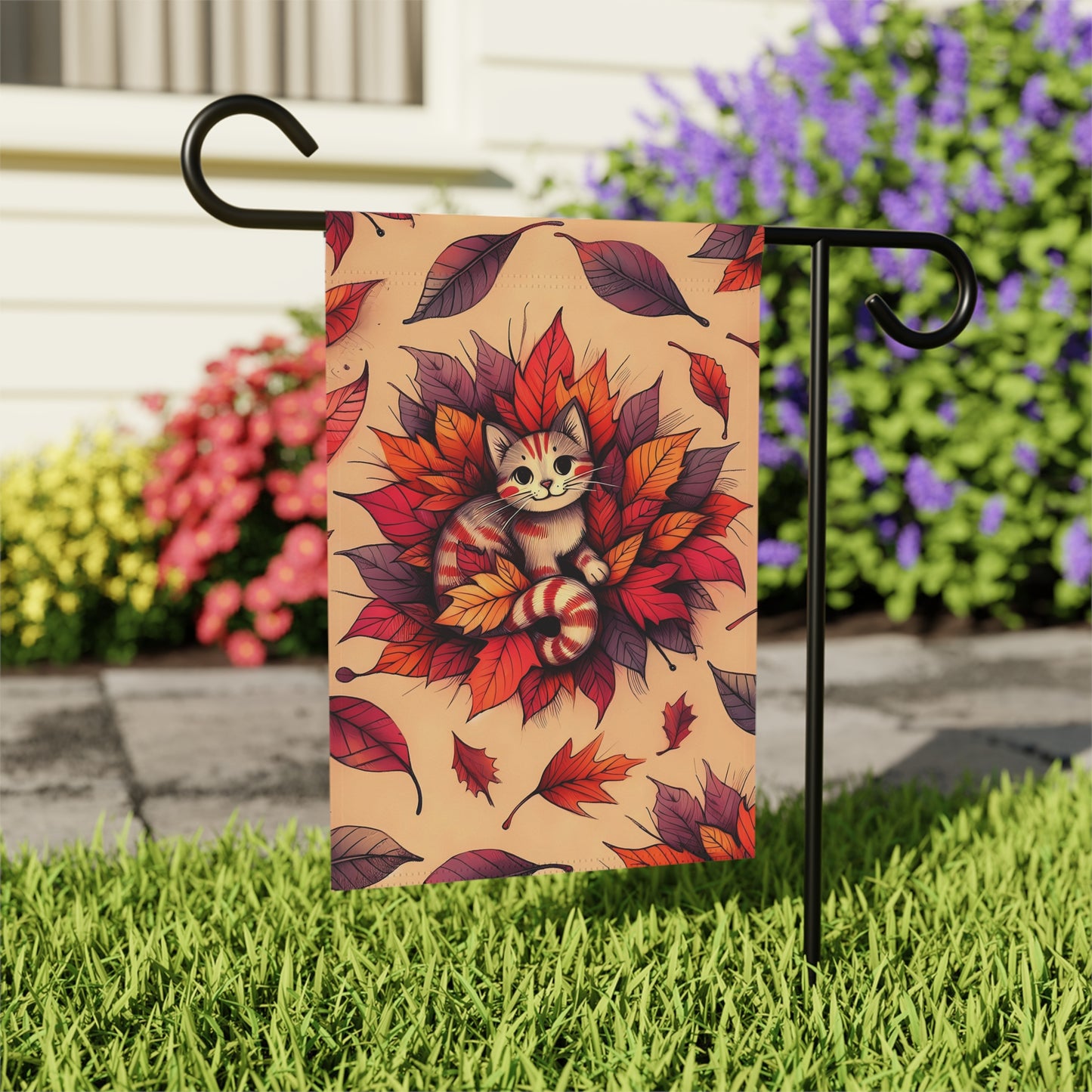 Porch or Yard Flag / Garden Banner - Whimsical Autumn Kitty in Leaves