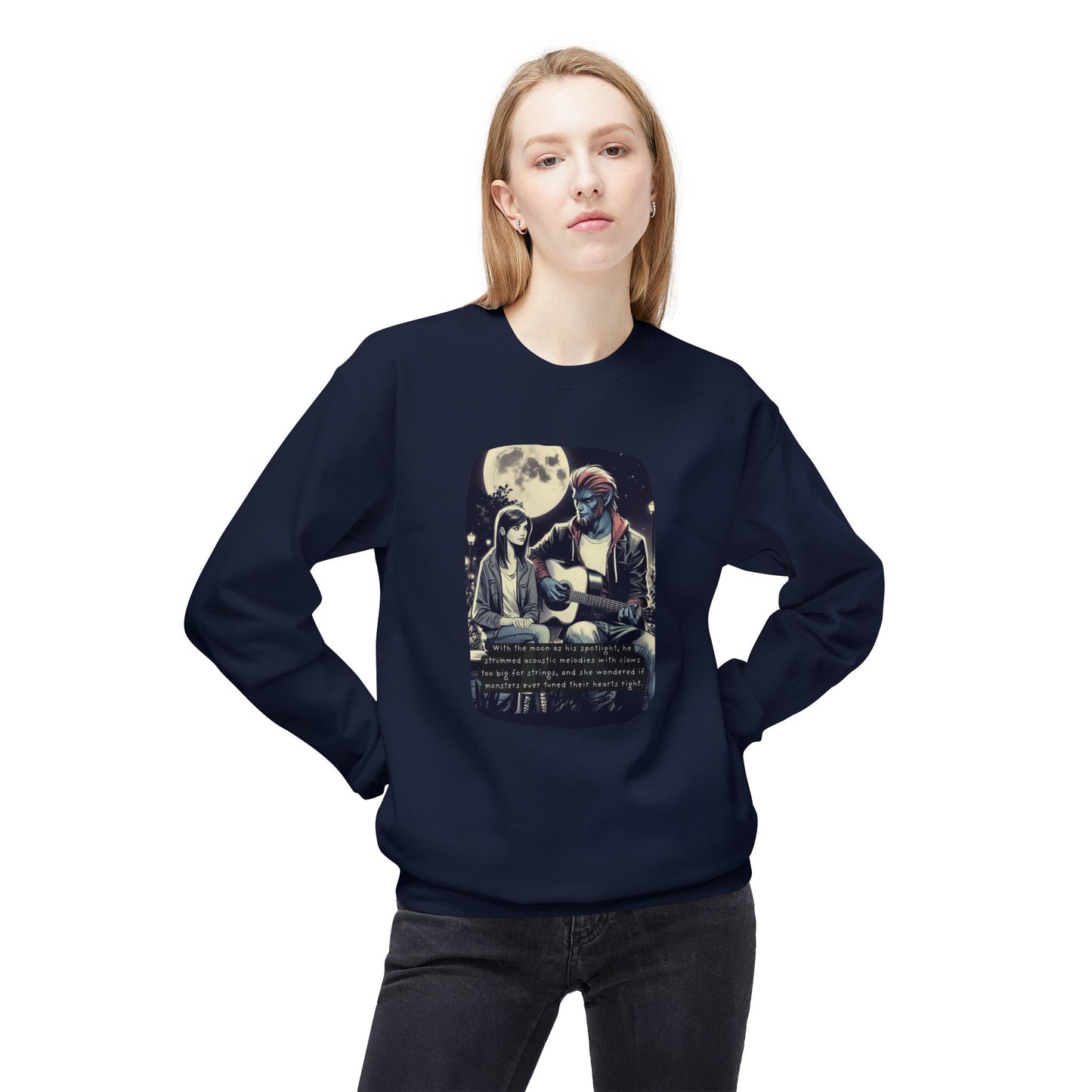 Tune Under the Moon (Beautiful Monsters Collection) - Unisex Midweight Softstyle Fleece Crewneck Sweatshirt, Multiple Colors Available