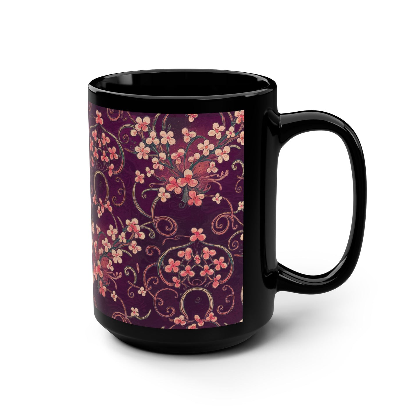 Floral Patterned Black Mug, Perfect Gift for Tea Lovers, 15oz Coffee Mug, Home Decor, Artful Drinkware, Cute Kitchen Essentials