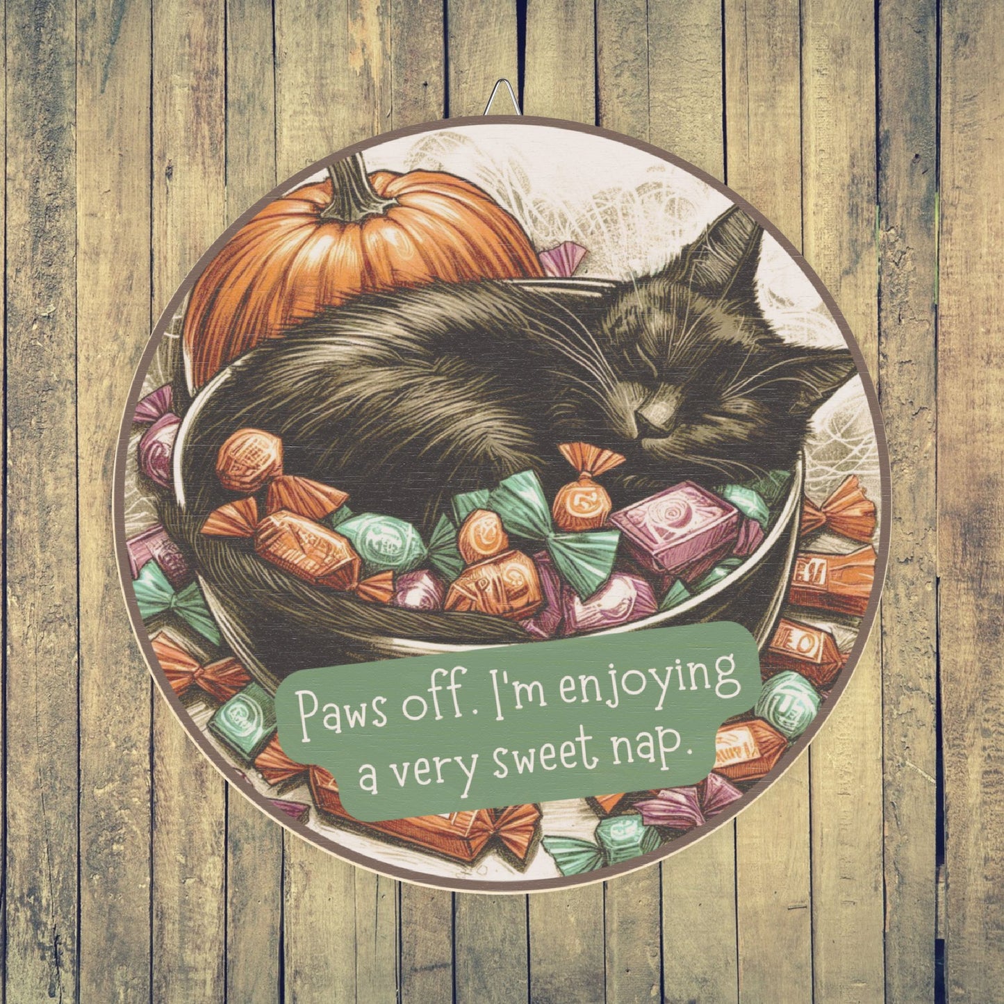 Halloween Black Cat Wooden Wall Sign - Cat Napping in Candy Bowl - Rustic Halloween Decor for Wall or Door