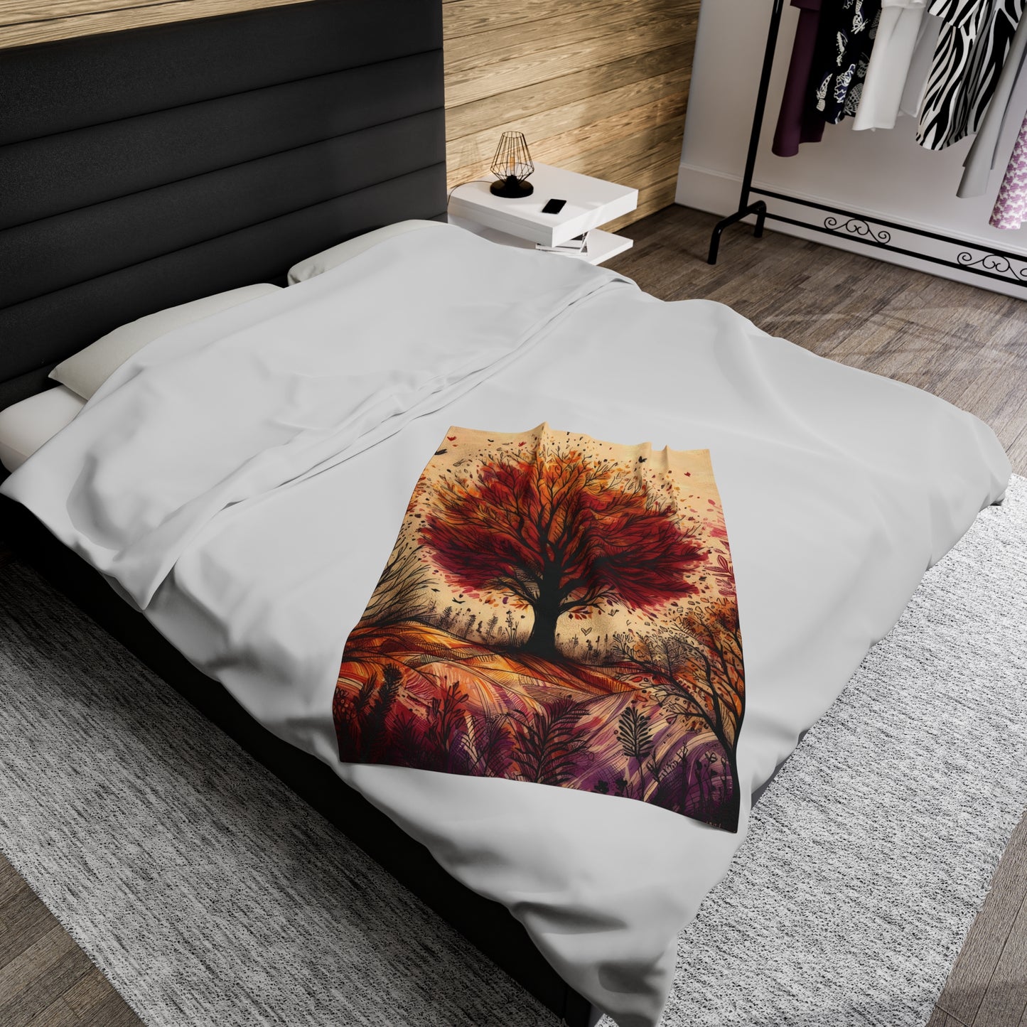 Velveteen Plush Autumn Blanket - Vibrant Tree on a Hill