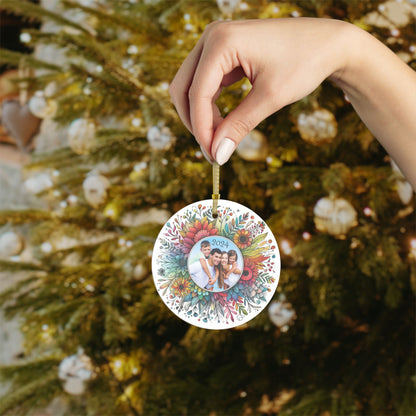 Personalized Light-Catching Glass Ornament - Custom Photo and Year - Floral Rainbow Burst Design, Great for Family, Kid, Pet Photos