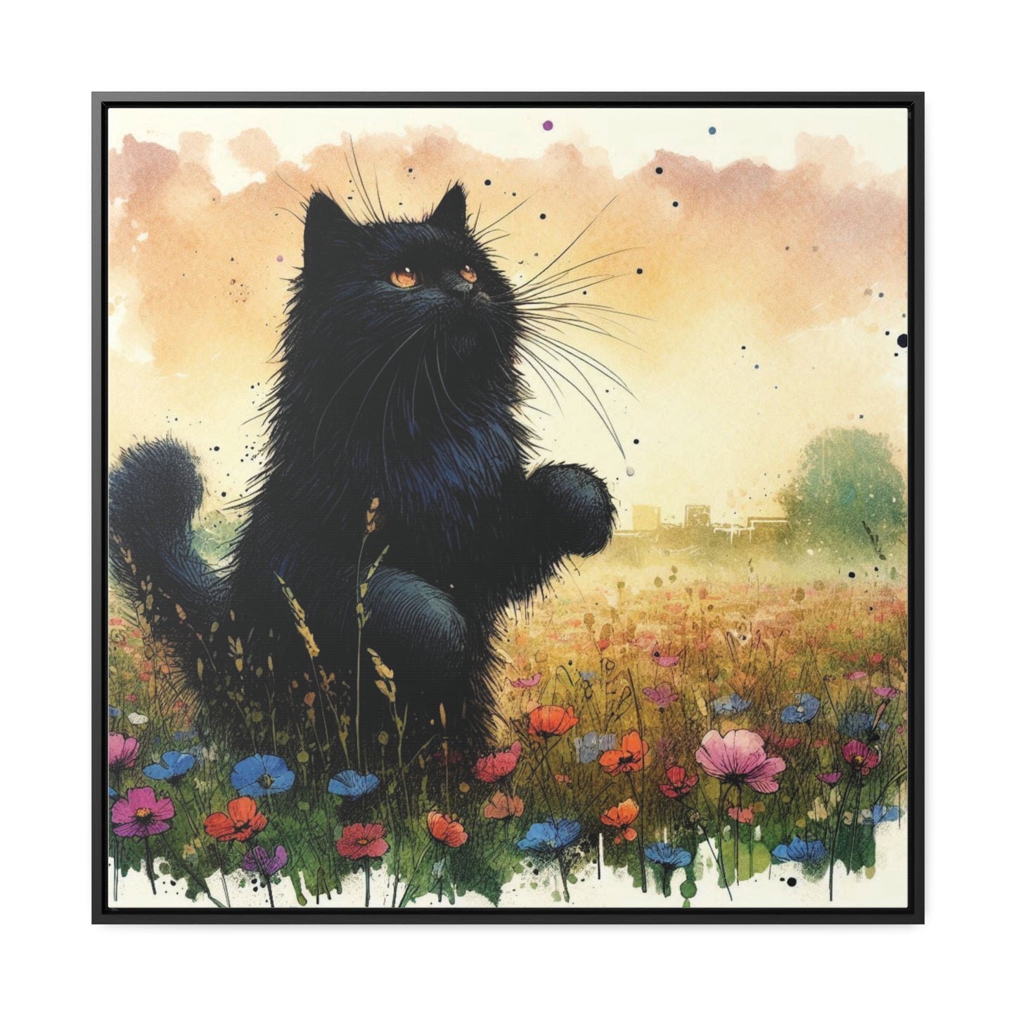 Playful Black Long-Haired Cat Floral Field, Gallery-Wrapped Canvas - Cat Lover Gift, Decor for Child's Room or Nursery