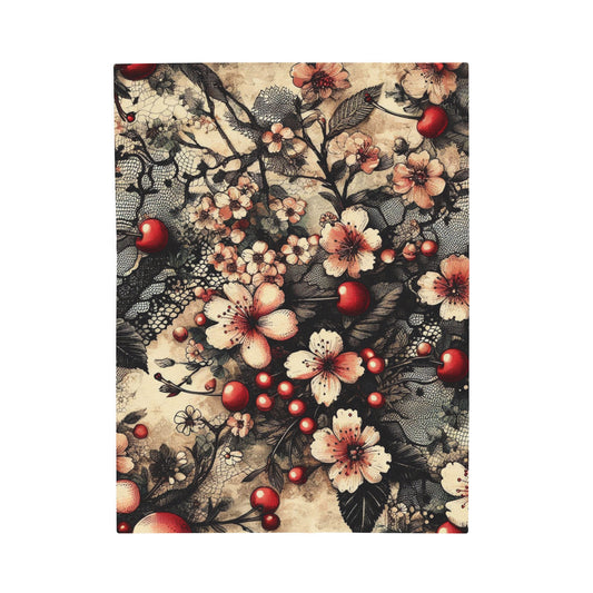 Velveteen Plush Blanket - Blooms, Cherries, and Black Lace