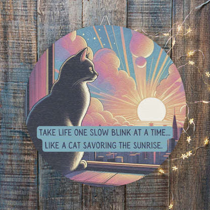 Wooden Cat Wisdom Wall Sign - "Take Life One Slow Blink at a Time"