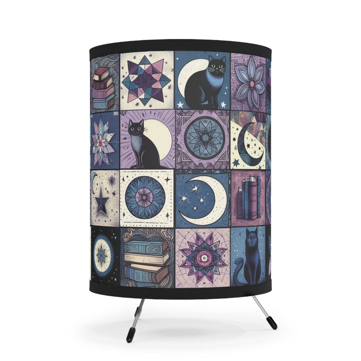 Tripod Table Lamp - Patchwork Cats, Books, & Moons