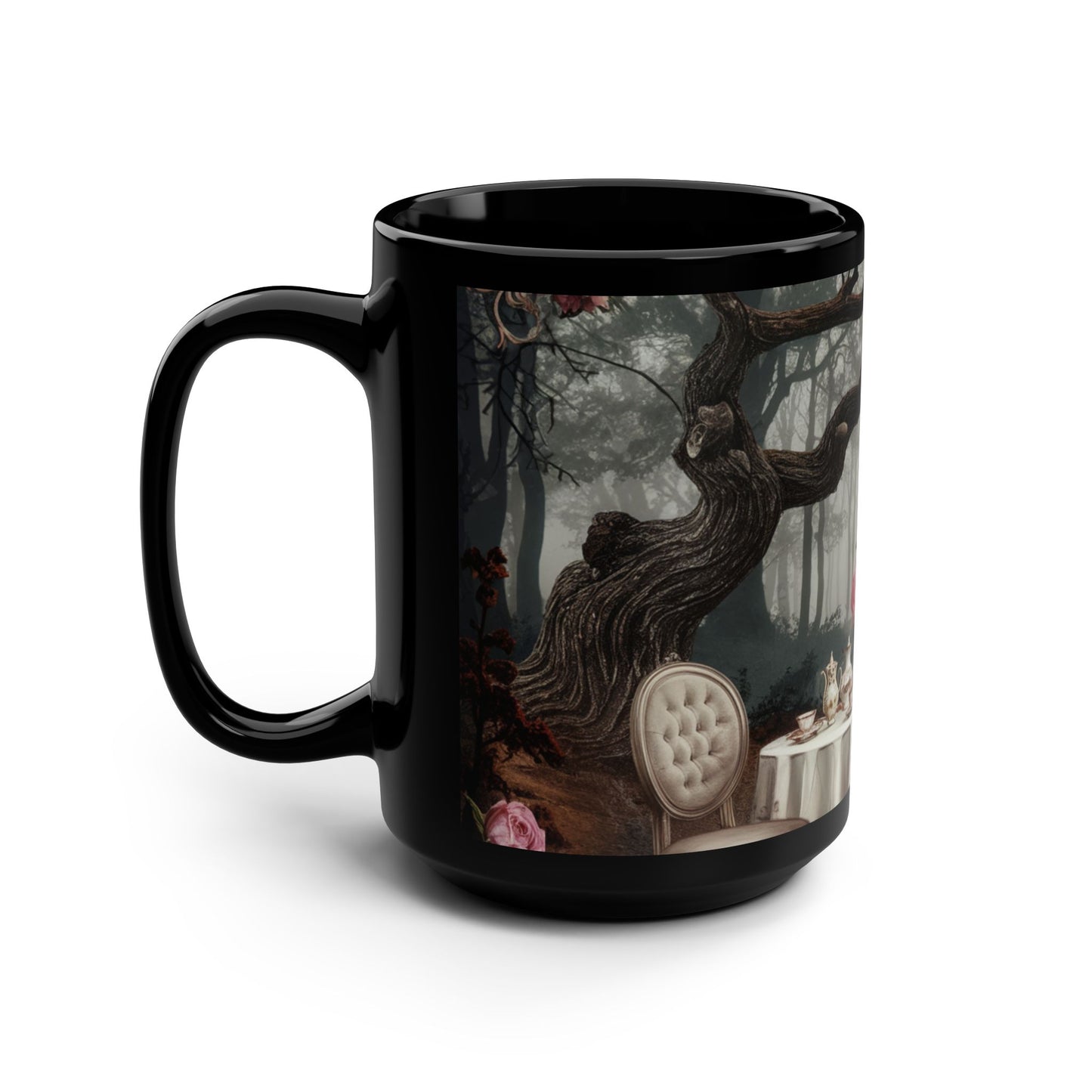 Lewis Carroll Quote Mug, "My Reality Is Just Different" 15oz Black Ceramic Coffee or Tea Cup, Whimsical Wonderland Tea Party Scene