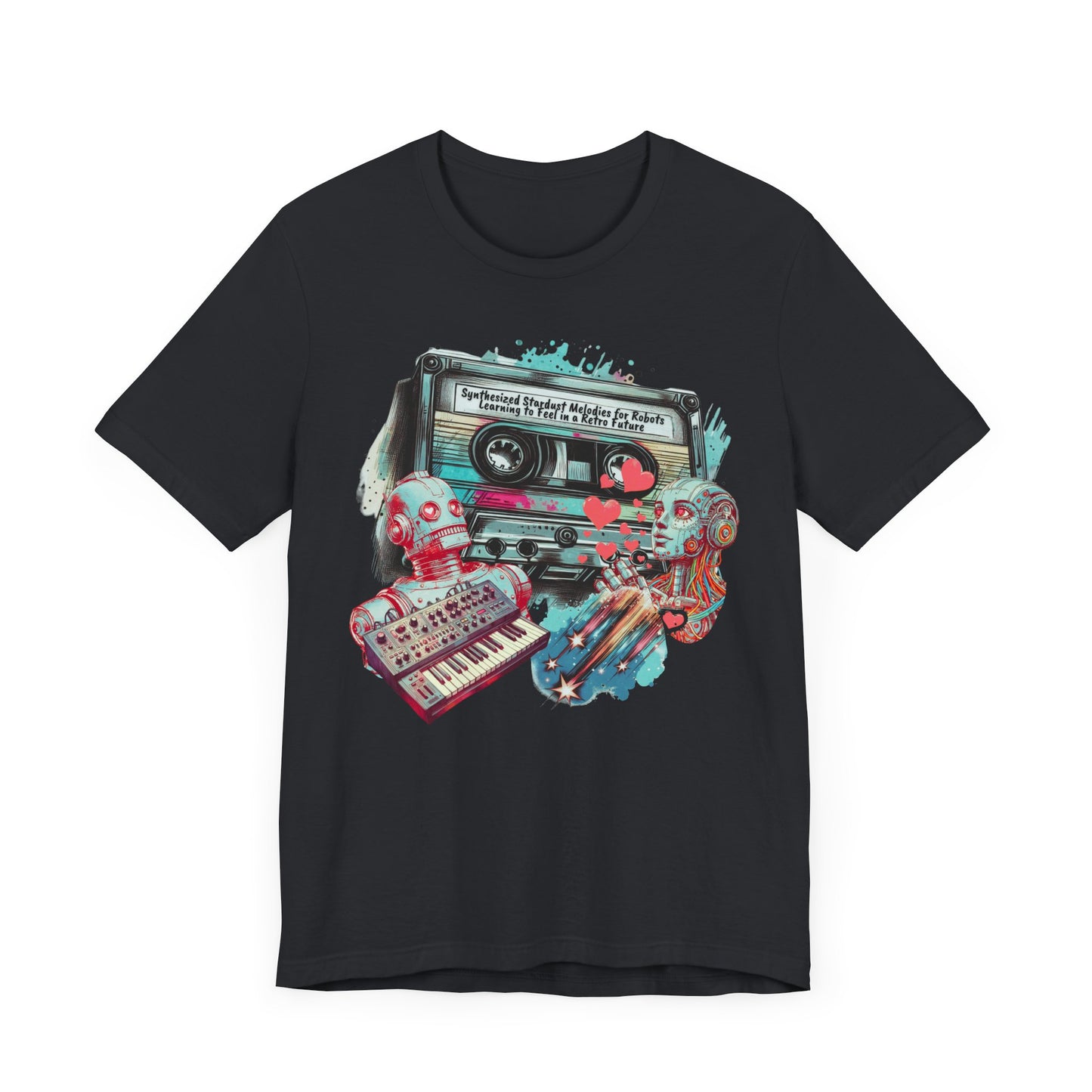 Mixtape T-Shirt - "Synthesized Stardust Melodies" Collage, Unisex Tee with Retro Cassette Tape Design, Great Gift for Music Lovers