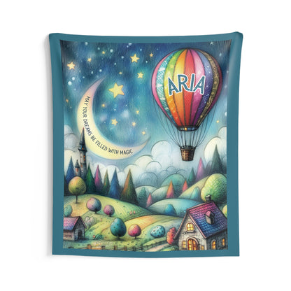 Personalized Children's Tapestry – Custom Hot Air Balloon & Moon Design, Whimsical Night Scene