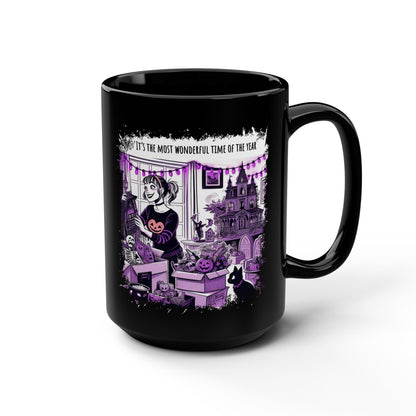 Funny Halloween Mug, 15ox Black Mug with a Halloween Over-Enthusiast Thinking, "Its the Most Wonderful Time of the Year"