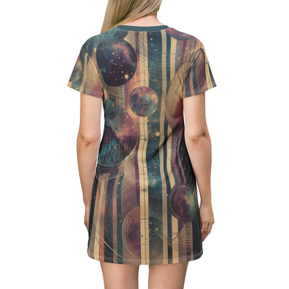 Tunic T-Shirt Dress - Dreamy Planets and Stripes in Purple & Blue Hues