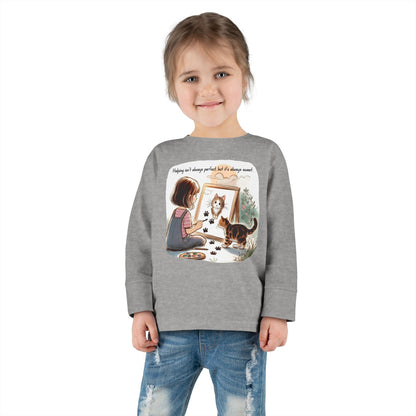 Toddler Long Sleeve Tee - Whimsical Cat Portrait Shirt for Kids, Playful Artistic Unisex Top, Soft