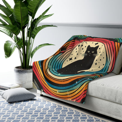 Black Kitty Retro Rainbow Swirl Blanket, Sherpa Fleece - Cozy Soft Warmth with Bold Vintage Inspired Cat Design - Great for Couch or Bedding