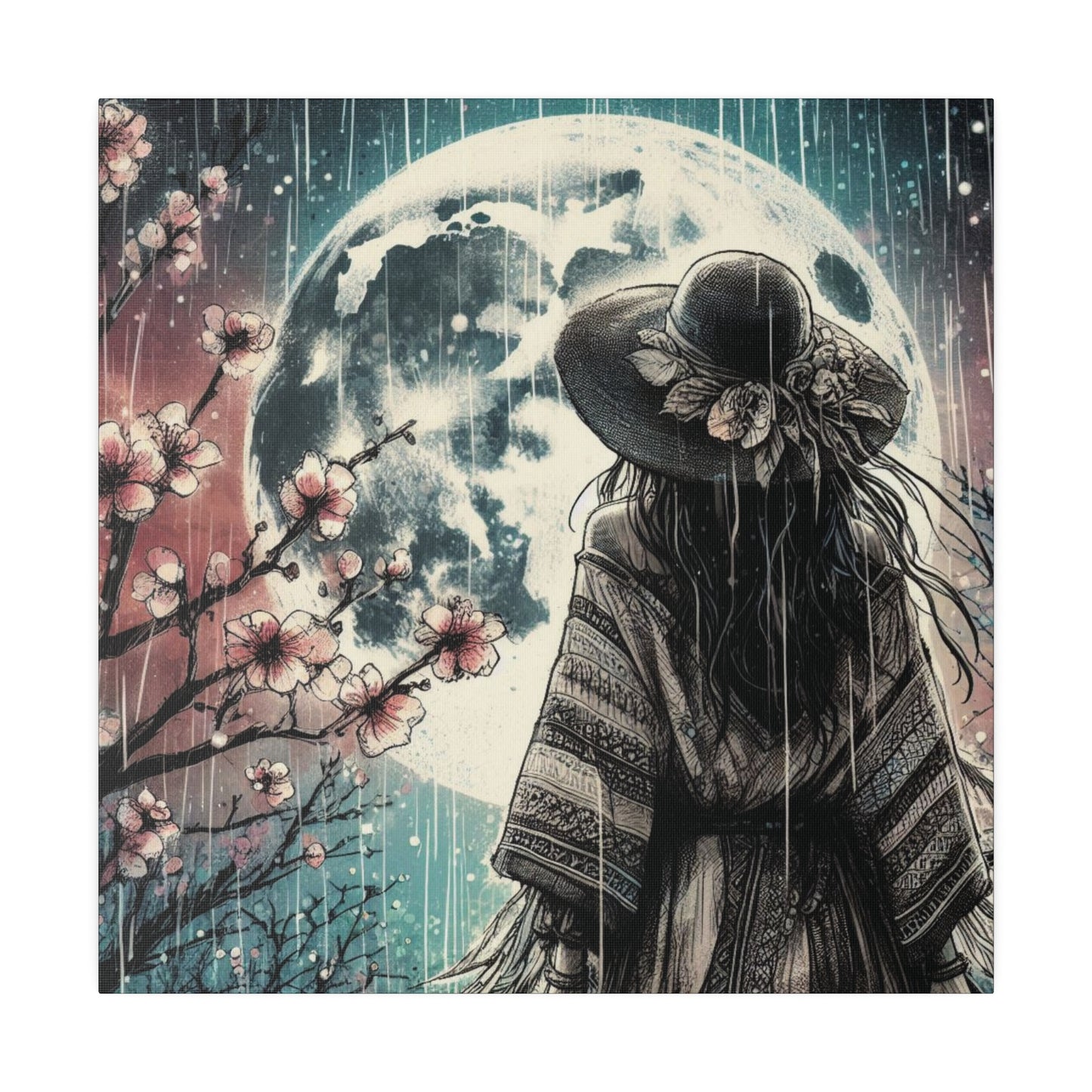 Mystical Free-Spirited Woman & Full Moon Canvas Print - Spring Cherry Blossoms, Pink and Blue Hues