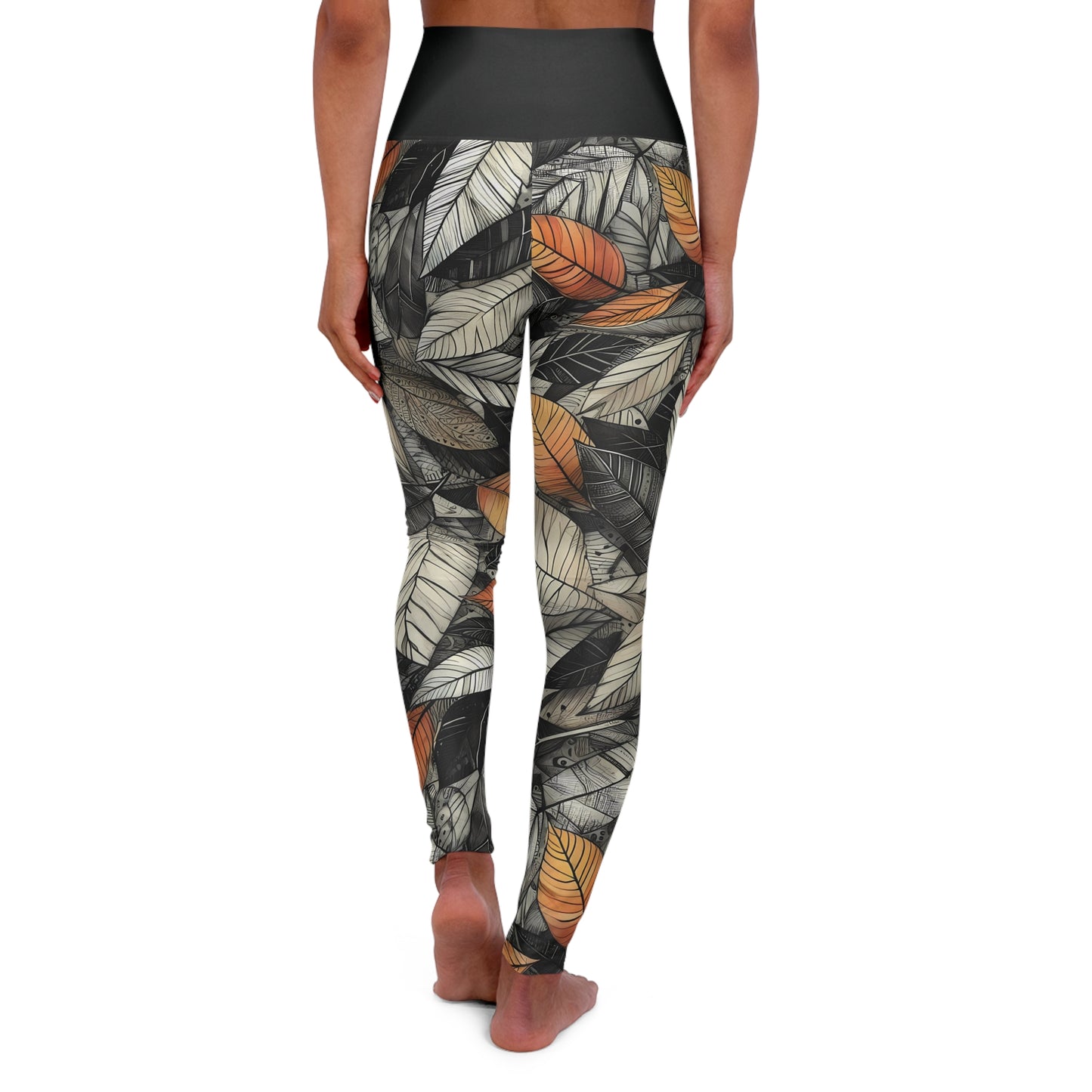 High Waisted Fall Yoga Leggings - Sketched Autumn Leaves, XS-2XL