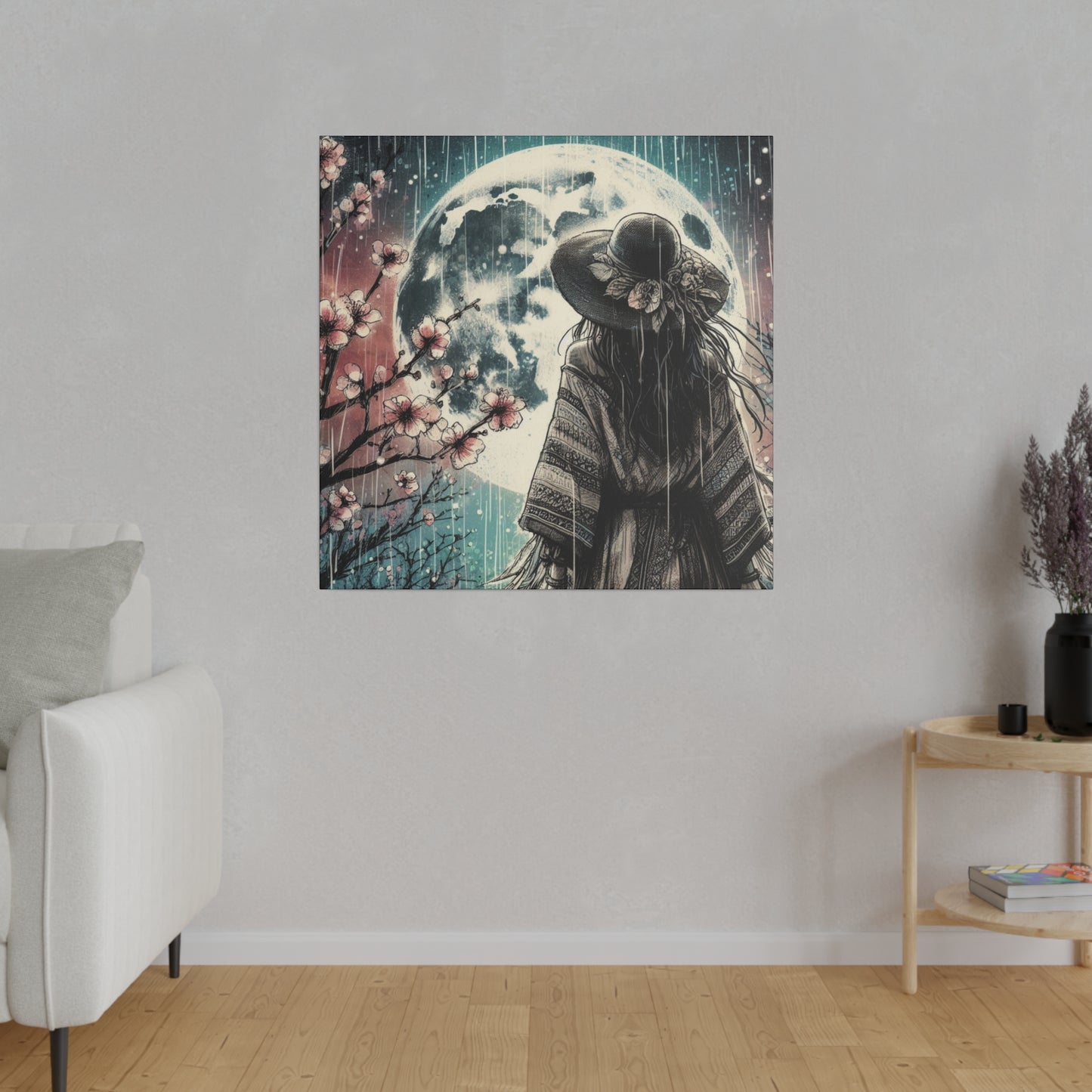 Mystical Free-Spirited Woman & Full Moon Canvas Print - Spring Cherry Blossoms, Pink and Blue Hues