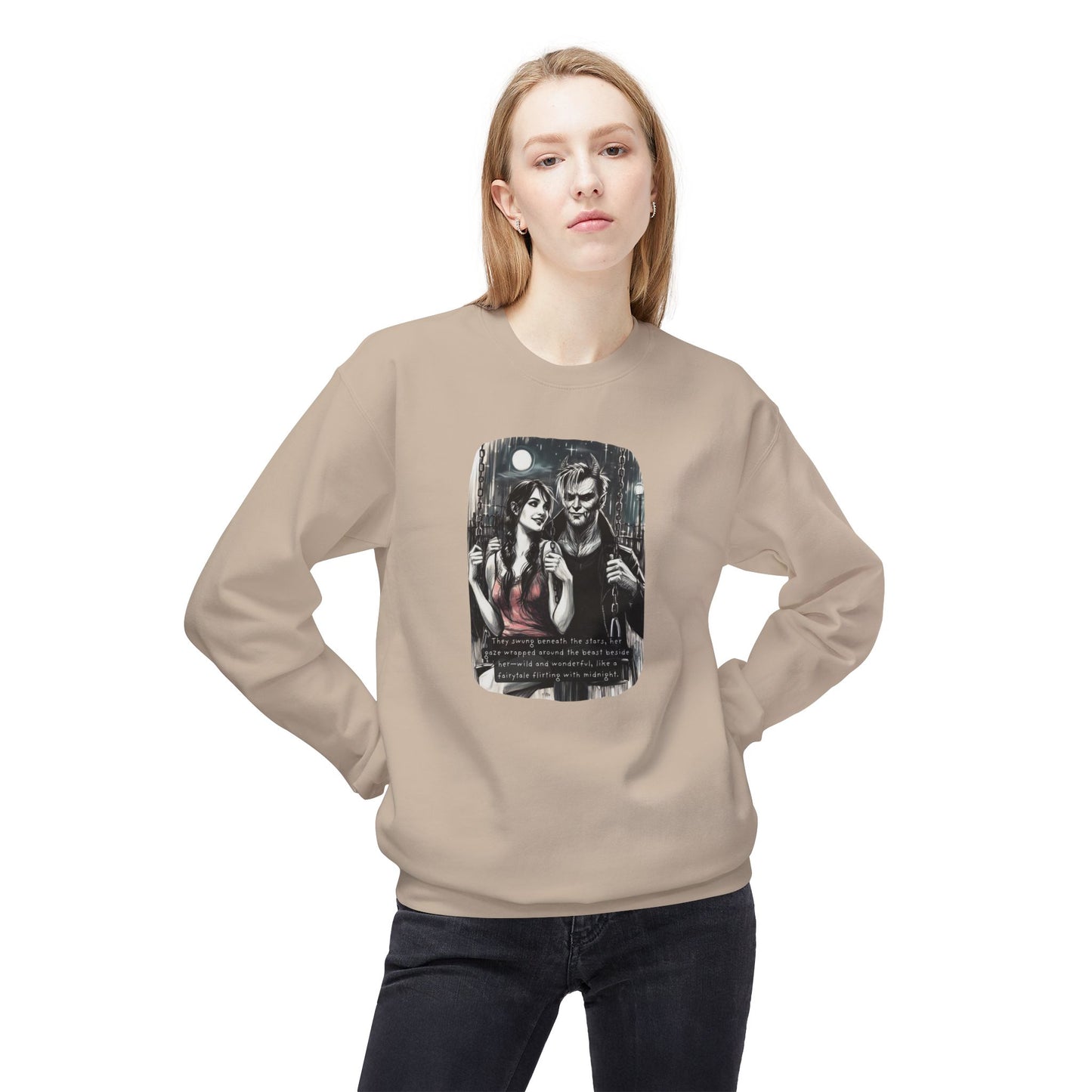 Swing Me to the Moon (Beautiful Monsters Collection) - Unisex Midweight Softstyle Fleece Crewneck Sweatshirt, Multiple Colors Available