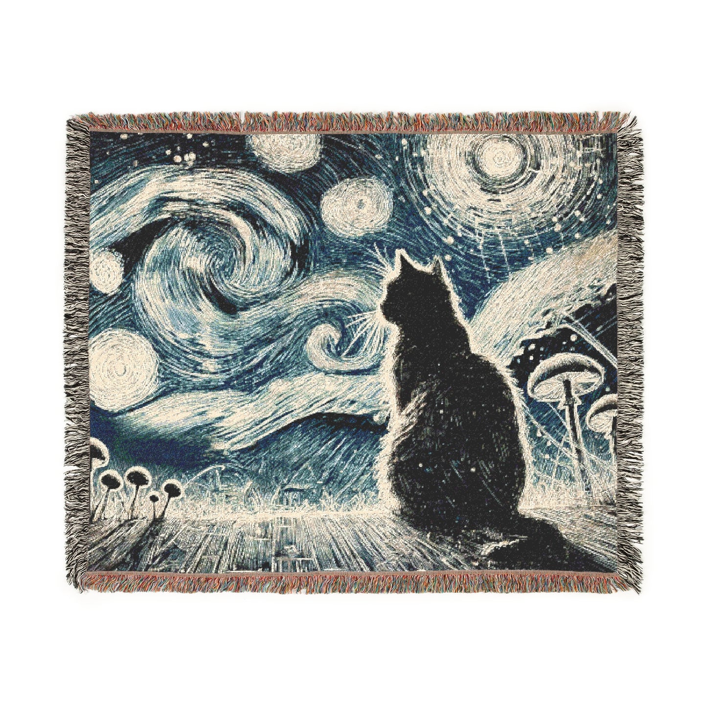 Woven Blanket - Enchanted Night with Black Cat and Whimsical Clouds