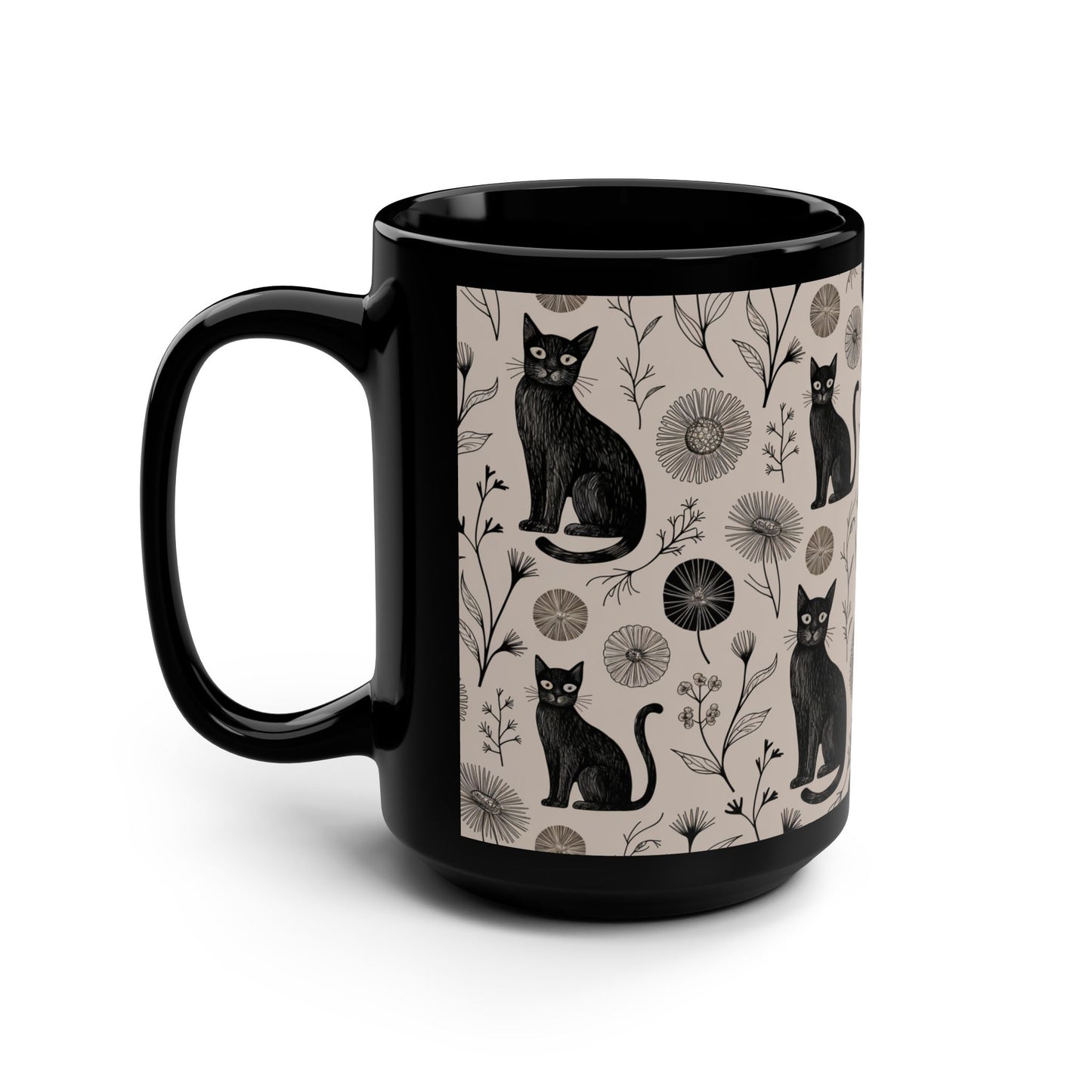 Black Cat Floral Mug | 15oz Coffee Cup for Cat Lovers, Gift for Pet Owners, Cozy Home Decor, Unique Cat-Themed Mug, Cat Lover's Gift