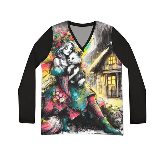 Whimsical Fox Fairy Long Sleeve V-Neck Shirt