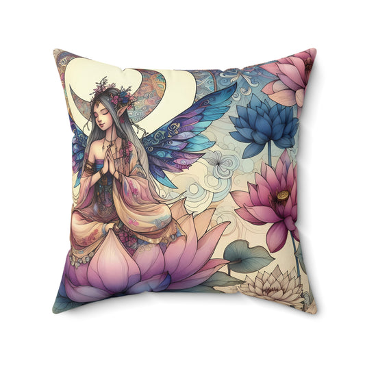 Square Pillow - Celestial Lotus Fairy with Pink, Blue, and Creme Hues