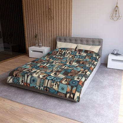 Duvet Cover - Acoustic Guitar Patchwork in Blue & Brown Hues