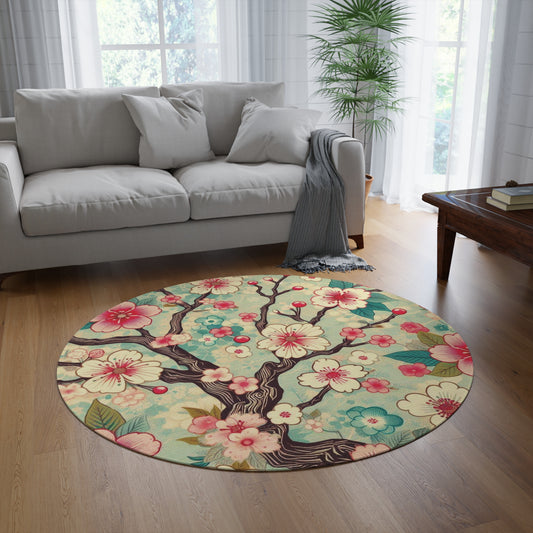 Retro Cherry Blossom Chenille Area Rug - 60" x 60" Round Rug with Teal Background and Vibrant Pink Blooms, Vintage Spring Vibes