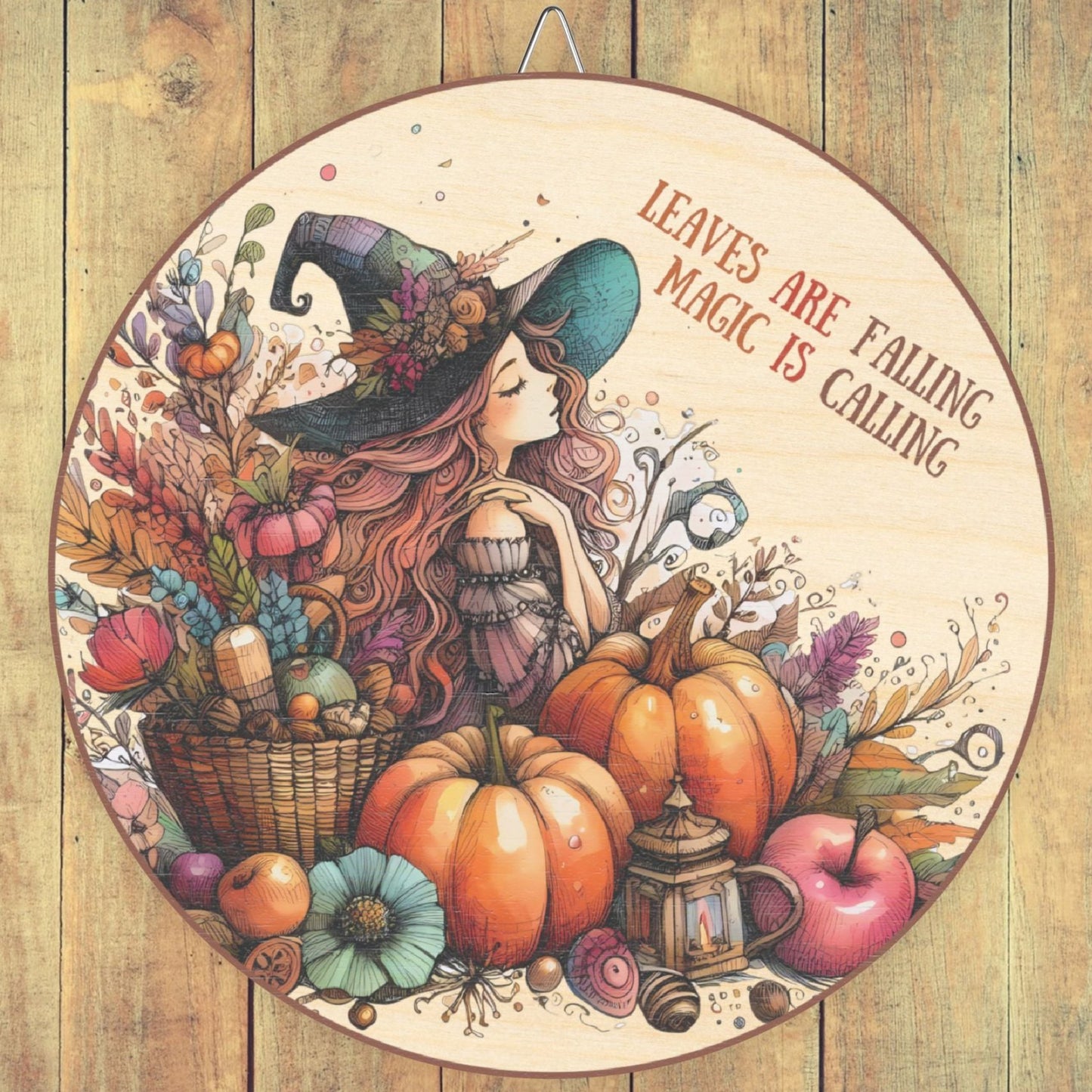 Whimsical Witch Wooden Wall Sign – 'Leaves Are Falling, Magic Is Calling' Fall Decor with Pumpkins & Autumn Leaves