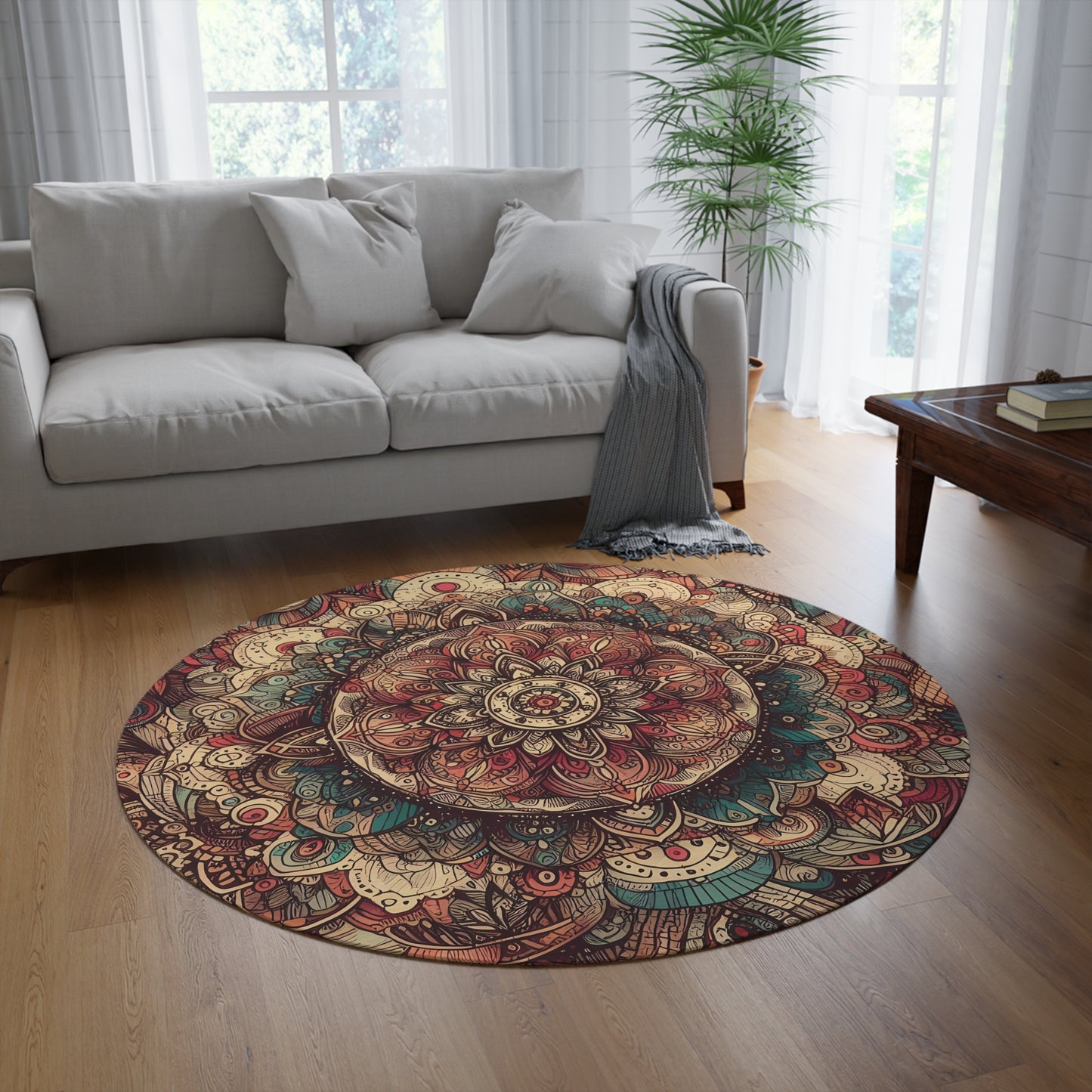 Round 60" x 60" Rug - Boho Mandala Pattern with Blue, Orange, and Red Tones