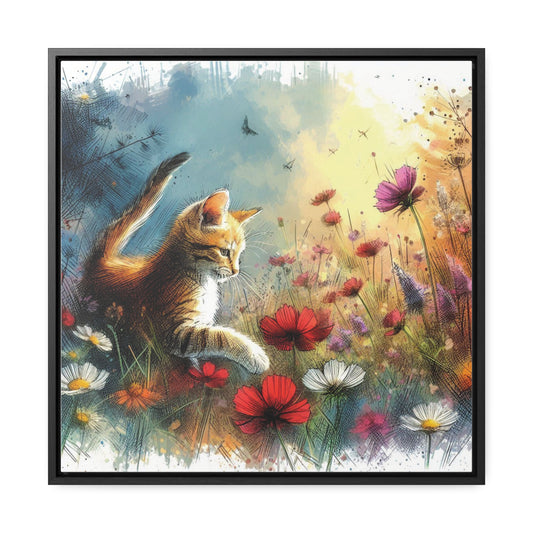 Orange Cat Playing in a Floral Field Gallery-Wrapped Canvas - Cat Lover Gift, Decor for Child's Room or Nursery