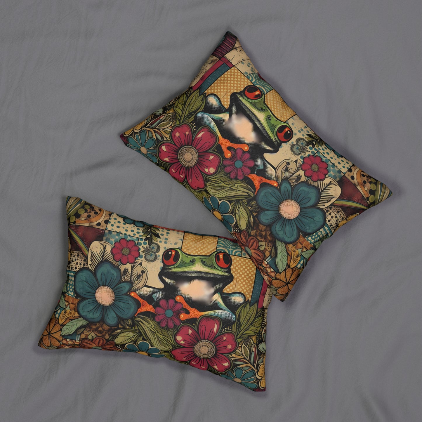 Lumbar Pillow - Groovy Frog and 70s Retro Florals