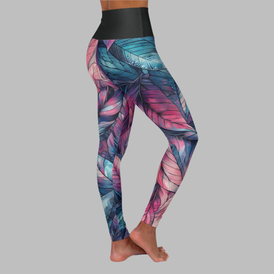 Stretchy High Waisted Yoga/Casual Leggings - Vibrant Pink, Blue, and Purple Leaves