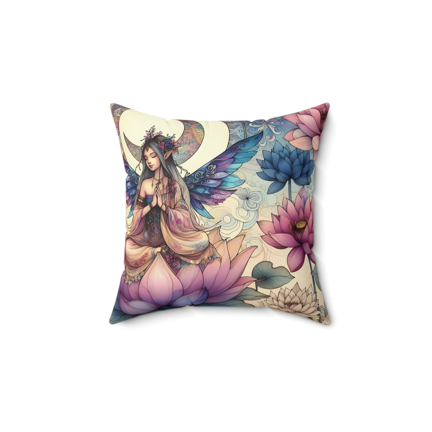 Square Pillow - Celestial Lotus Fairy with Pink, Blue, and Creme Hues