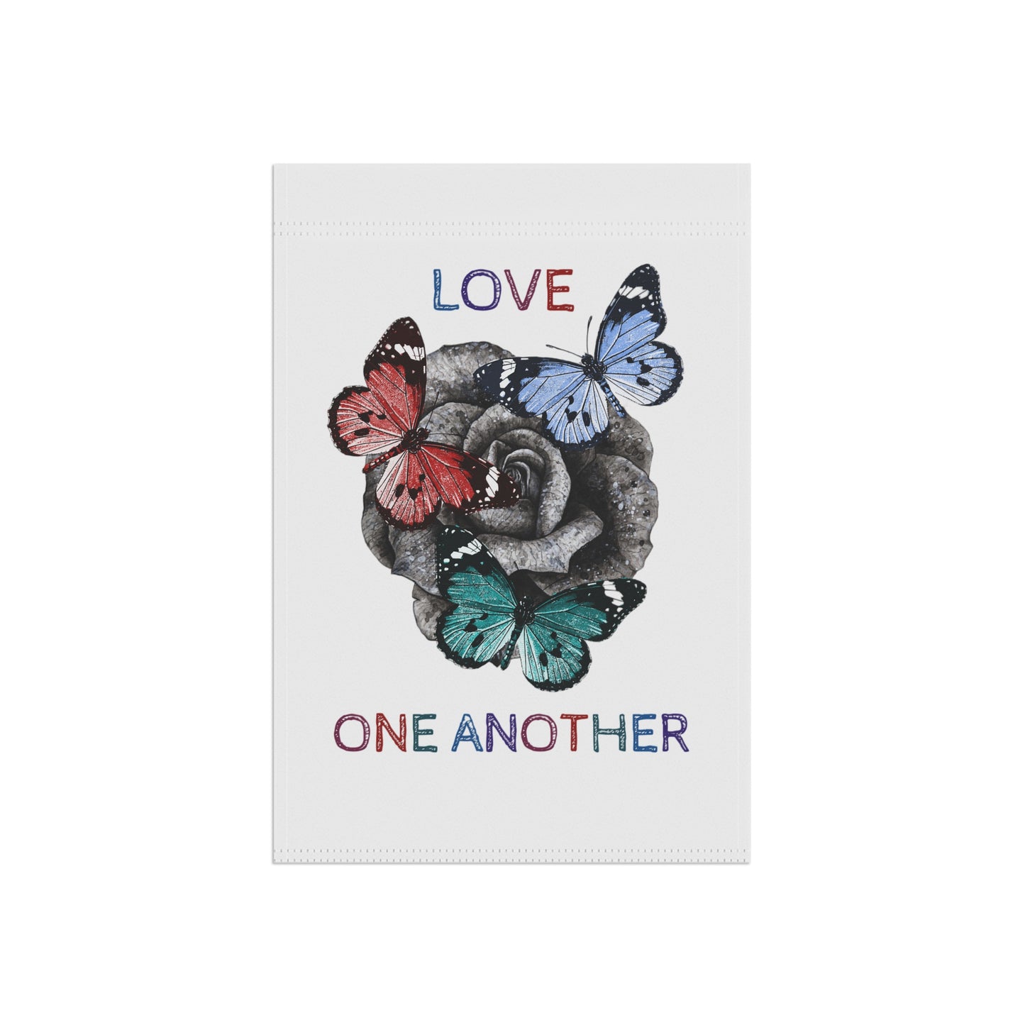 Yard Flag / Garden Banner - Summer or Spring "Love One Another" Message with Rose and Butterflies